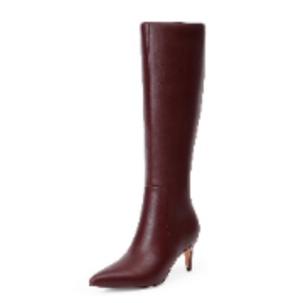 Knee High Boots With 2.56" Kitten Heel, Pointed Toe, Side Zipper, Faux Leather